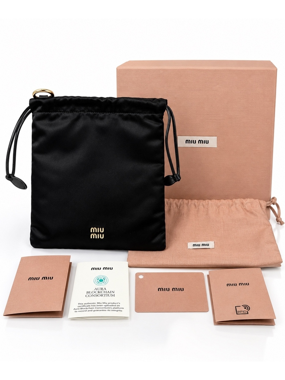 Miu Miu 5NG010 Duchesse Satin Mini Pouch Bag Black Gold Drawstring NEW